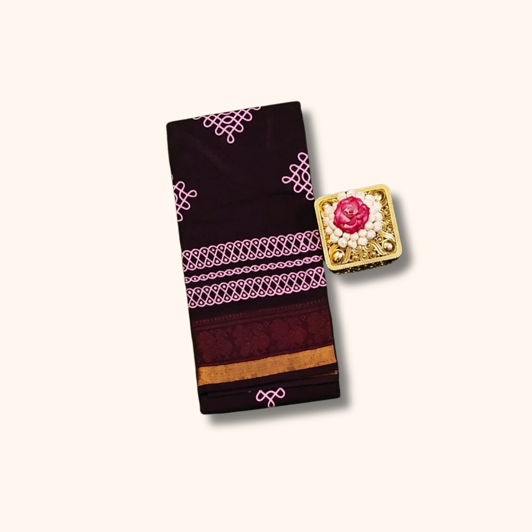 Dark Plum Sungudi Cotton Saree with Pink Kolam Motifs & Maroon Zari Border