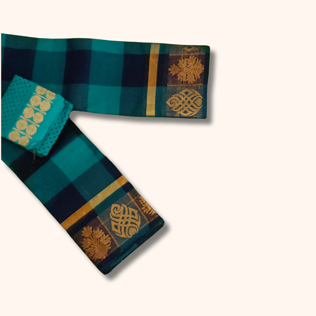Blue Checked Chettinad Cotton Saree with Separate Blouse Piece