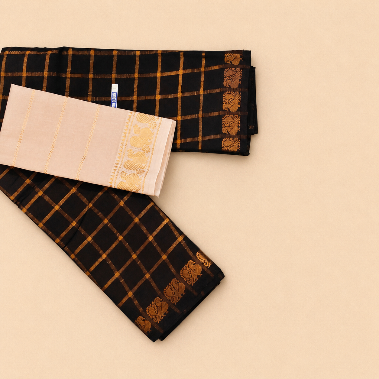 Dark coffee brownPavithra Kattam Sungudi Saree with Contrast Beige Blouse