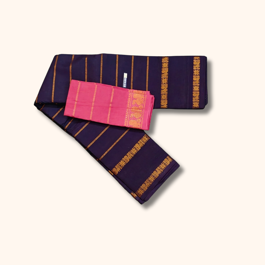 Navy Blue Pure Sungudi Cotton Saree with Gold Zari Stripes & Pink Blouse Piece