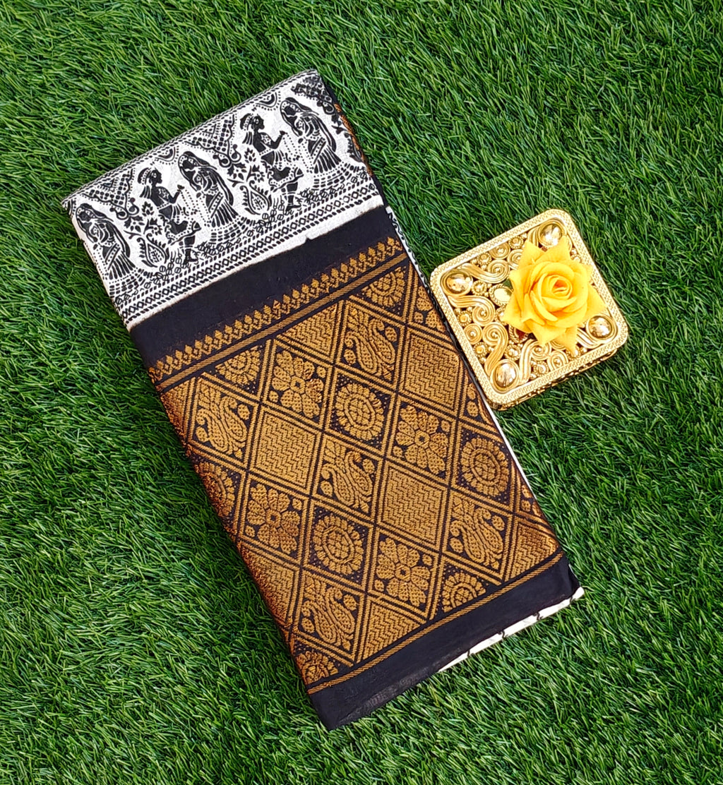 Classic White & Black Sungudi Cotton Saree