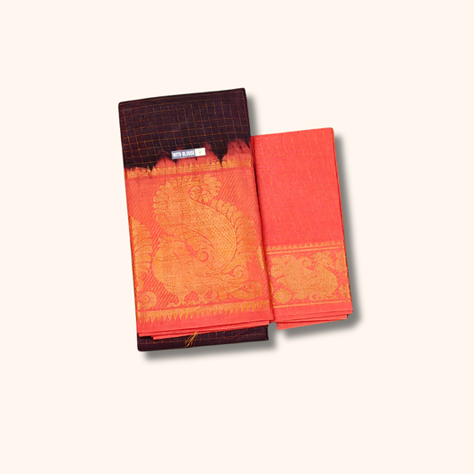 Brown Thread Work Sungudi Cotton Saree with Coral Peach Contrast Peacock Zari Border