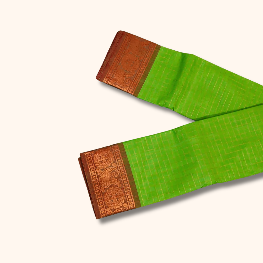Parrot Green Chettinad Cotton Saree with Brown Paisley Zari Border Without Blouse