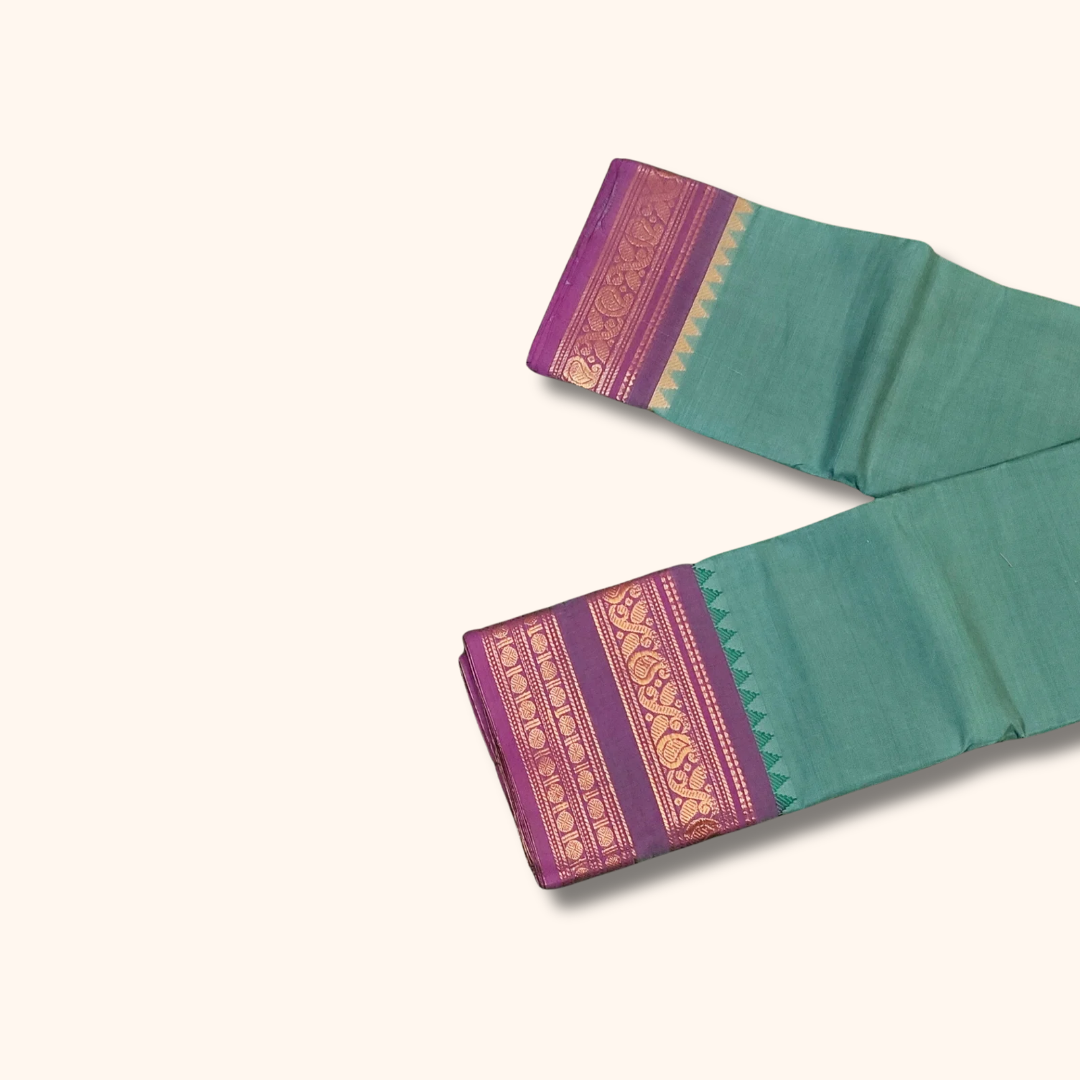 Sea Green Chettinad Cotton Saree with Purple Temple Border