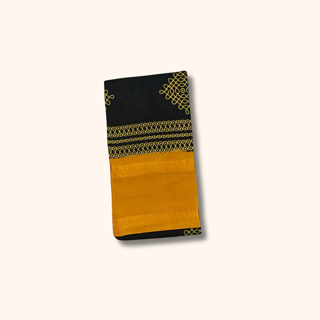 Black & Mustard Yellow Kolam Cotton Saree with Running Blouse
