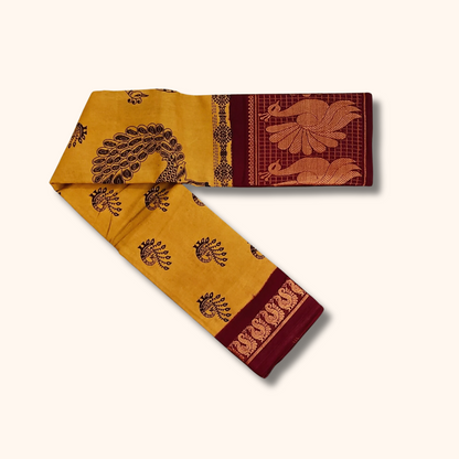 Mustard Yellow Peacock Border Sungudi Cotton Saree