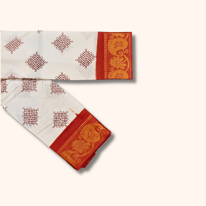 White Pure Sungudi Cotton Saree with Maroon Kolam Motifs & Red Gold Floral Border