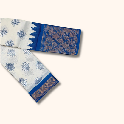 White & Royal Blue Traditional Printed Sungudi Cotton Saree with Designer Blue Border