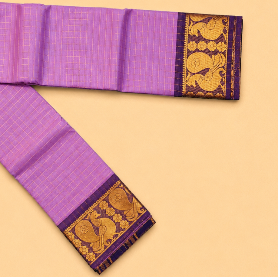 Attractive Lavender Purple Chettinad Cotton Saree with Peacock Border