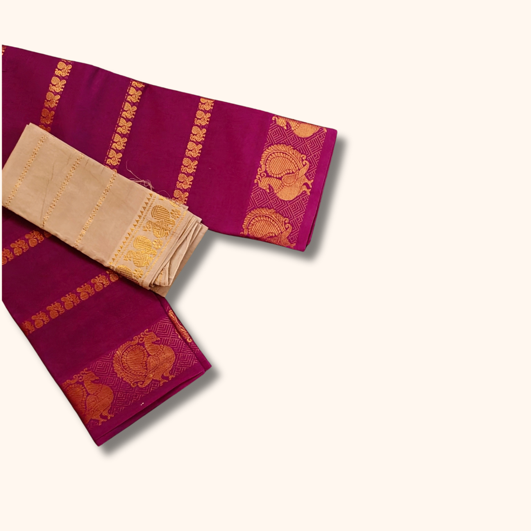 Magenta Pink Cotton Saree with Gold Zari Stripes & Peacock Border – Separate Blouse Piece
