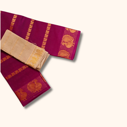 Magenta Pink Cotton Saree with Gold Zari Stripes & Peacock Border – Separate Blouse Piece