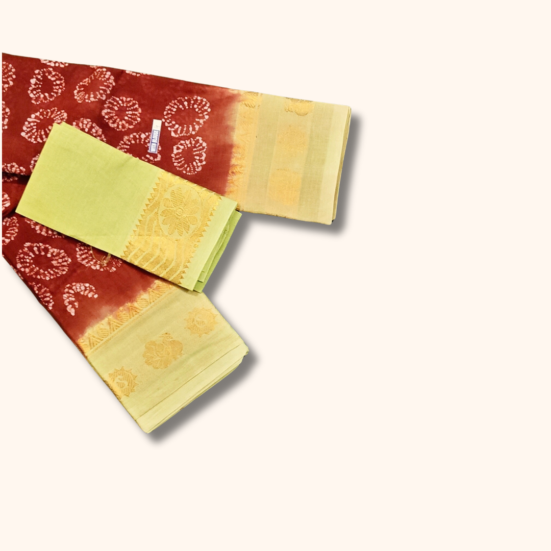 Rust Red & Pastel Green Pure Cotton Saree with Floral Zari Border – Running Blouse