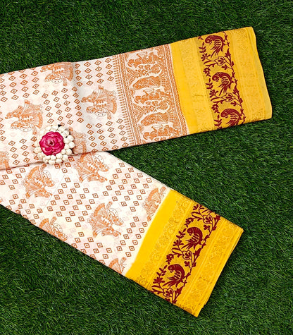 Cream Sungudi Cotton Saree with Traditional Brown Motifs & Yellow Bird Border