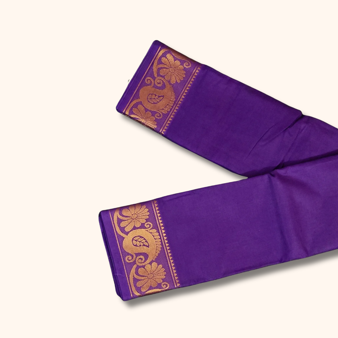 Purple Pure Cotton Saree with Traditional Paisley & Floral Border – Running Blouse