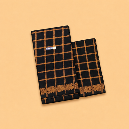 Black Pavithra Kattam Cotton Saree with Gold Elephant Border