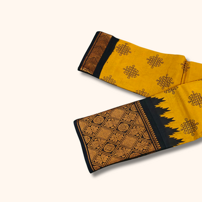 Mustard Kolam Print Cotton Saree with Black Designer Border