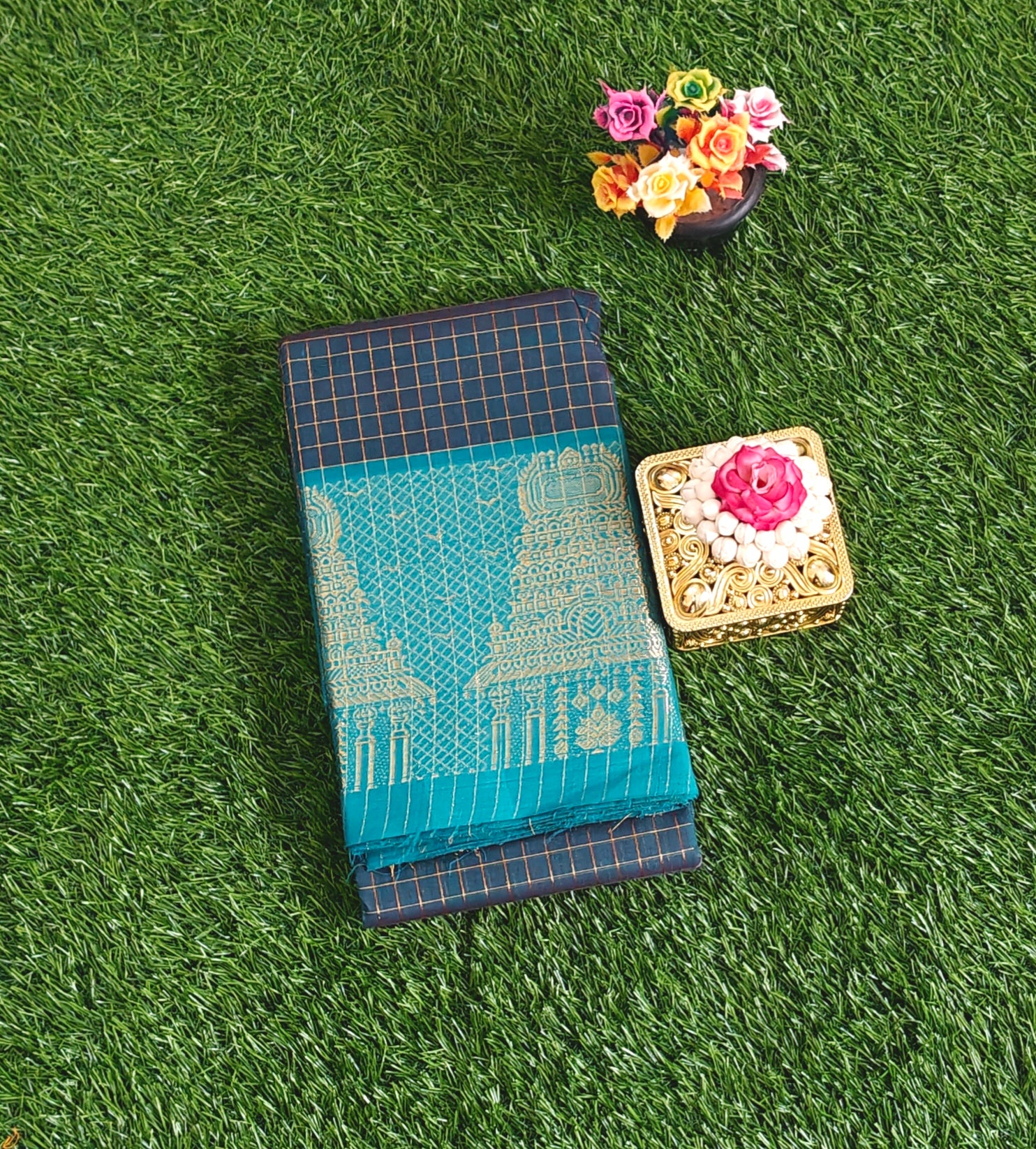 Chettinad Cotton Saree with Meenakshi Gopuram Border – Navy Blue & Teal