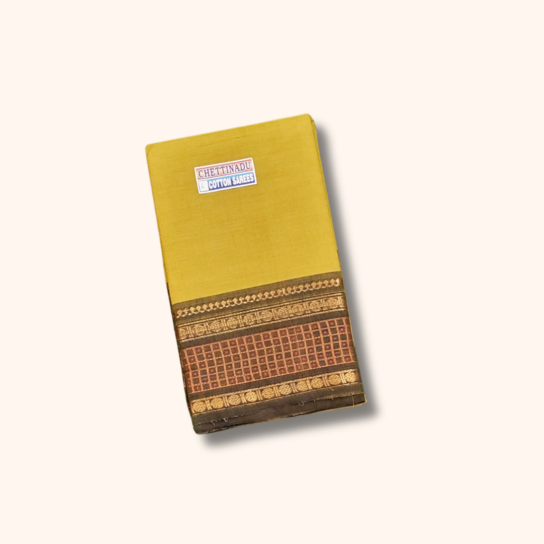Mustard Yellow Chettinad Cotton Saree with Traditional Checked Border