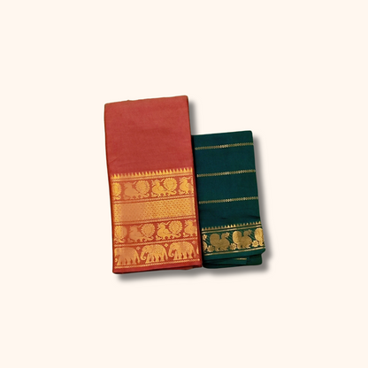 Terracotta Red Pure Cotton Saree with Dark Teal Contrast Blouse
