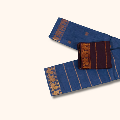 Royal Blue Sungudi Cotton Saree with Gold Zari Peacock Border & Coffee Brown Separate Blouse