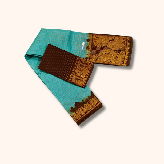 Turquoise Blue & Brown Sungudi Cotton Saree with Peacock Pallu – Separate Blouse Piece