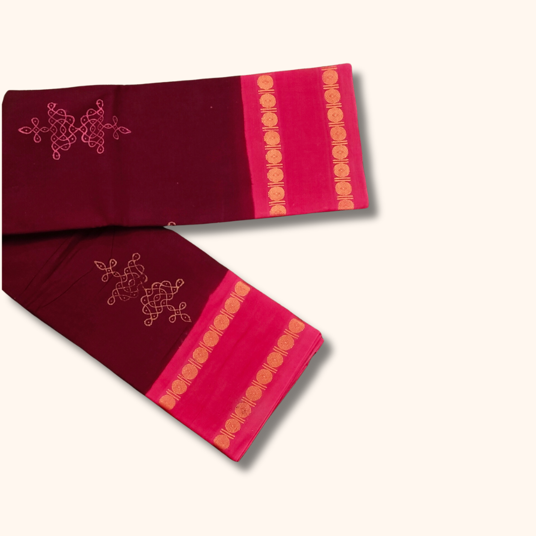 Maroon Cotton Saree with Pink Border – Running Blouse