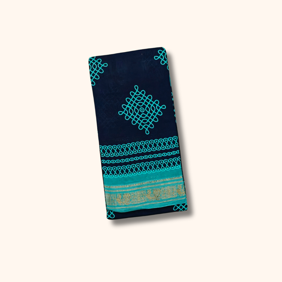 Navy Blue Kolam Sungudi Cotton Saree with Turquoise Border