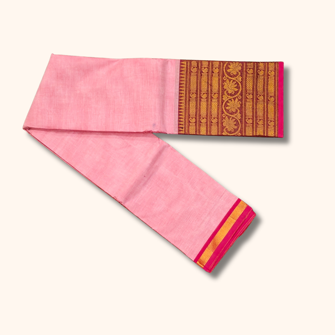 Baby Pink Chettinad Cotton Saree with Rich Traditional Border