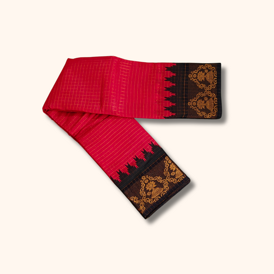 Red Pure Cotton Sungudi Saree with Black & Gold Floral Border