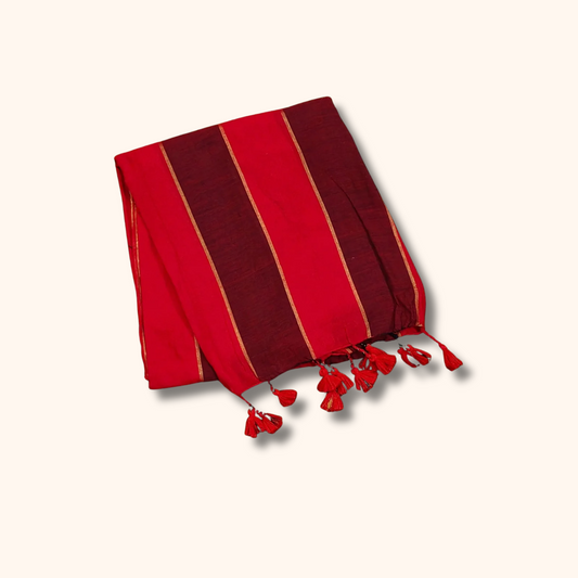 Red & Maroon Striped Cotton Saree with Running Blouse