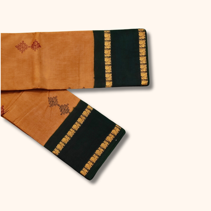 Mustard Brown Cotton Saree with Dark Green Border and Gold Motifs – Running Blouse