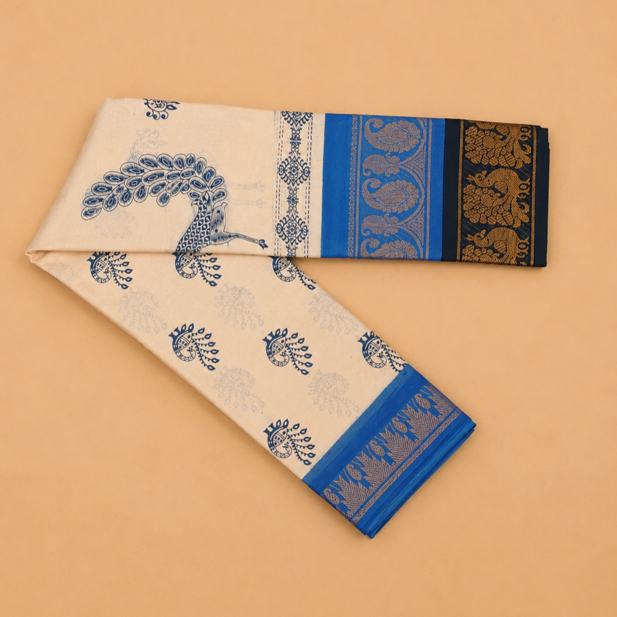 Cream Sungudi Cotton Saree with Royal Blue Double Border & Peacock Print Design