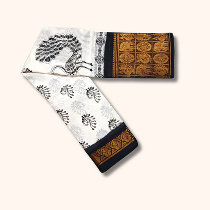 Elegant White Sungudi Cotton Saree with Black & Gold Ethnic Border