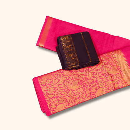 Red Vasigara Pattern Sungudi Cotton Saree with Coffee Brown Blouse Piece