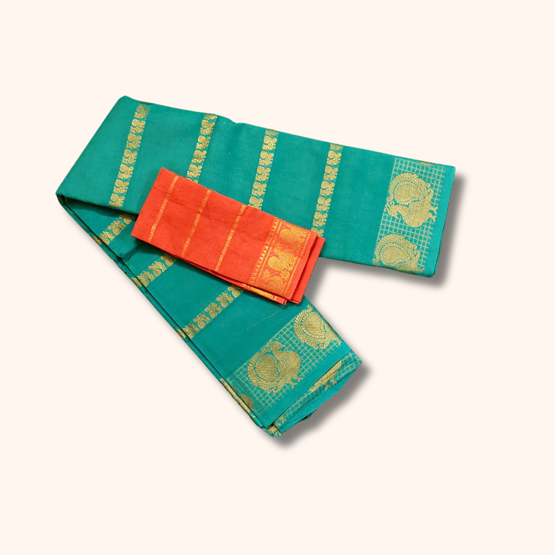 Teal Green Cotton Saree with Gold Zari Stripes & Peacock Border – Separate Coral Orange Blouse Piece