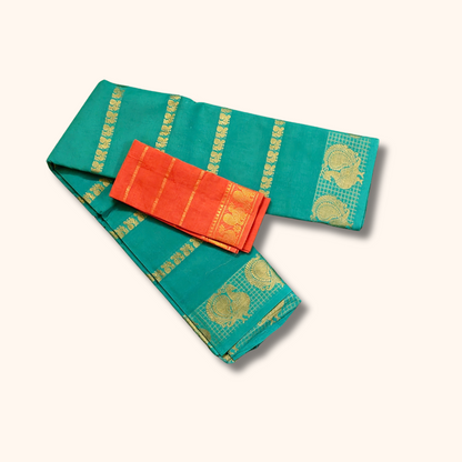 Teal Green Cotton Saree with Gold Zari Stripes & Peacock Border – Separate Coral Orange Blouse Piece