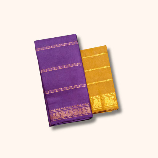 Royal Purple Sungudi Cotton Saree with Gold Woven Stripes & Contrast Mustard Blouse Piece