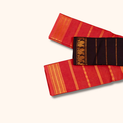 Coral Red Cotton Saree with Maroon Contrast Blouse & Zari Border