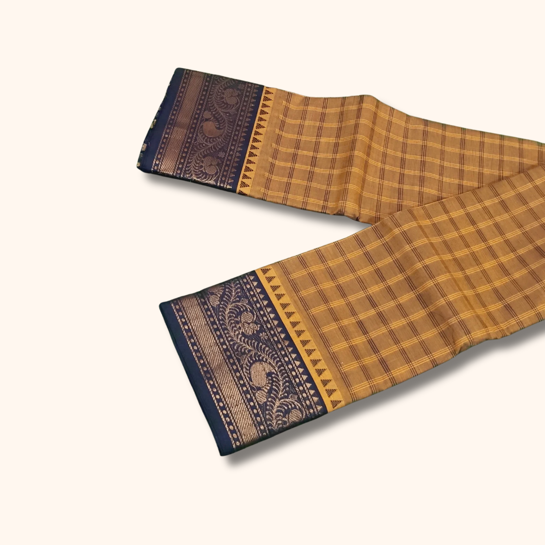 Mustard Brown Chettinad Cotton Saree with Traditional Temple Border