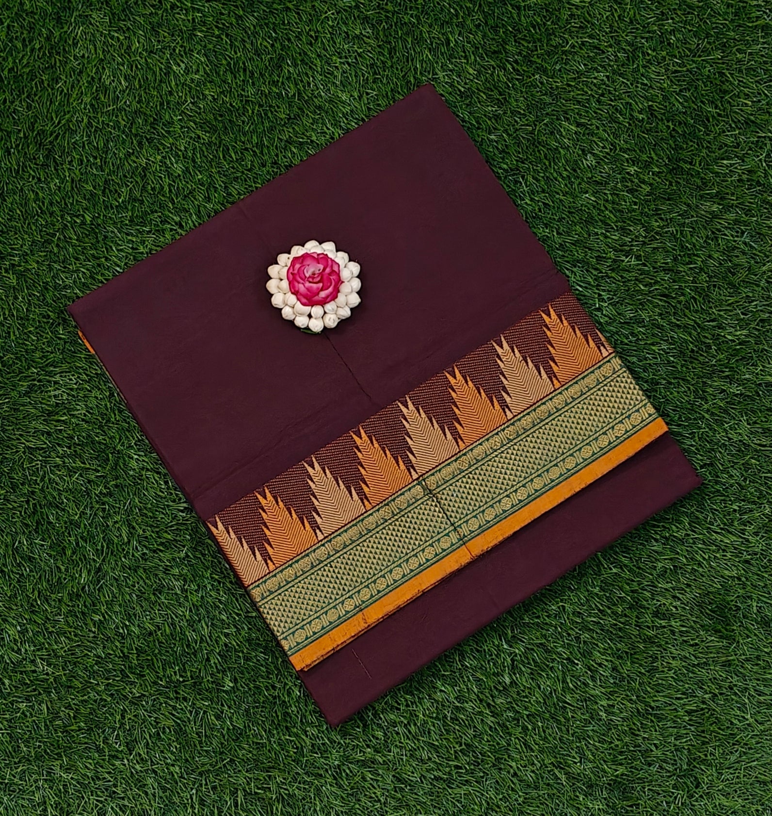 Wine Maroon Chettinad Cotton Saree with Traditional Temple Border