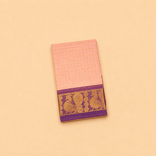 Baby Pink Chettinad Cotton Saree with Purple Peacock Border