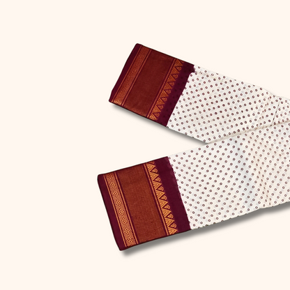 Off-White & Maroon Sungudi Cotton Saree with Tiny Dot Pattern & Zari Border