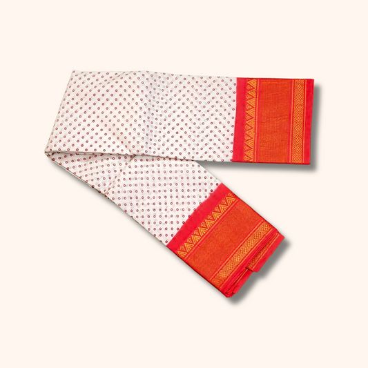 White Cotton Saree with Coral Orange Rich Border