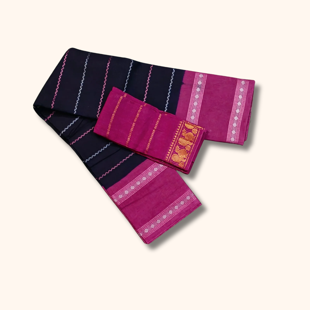 Black Sungudi Cotton Saree with Pink Border & Magenta Separate Blouse