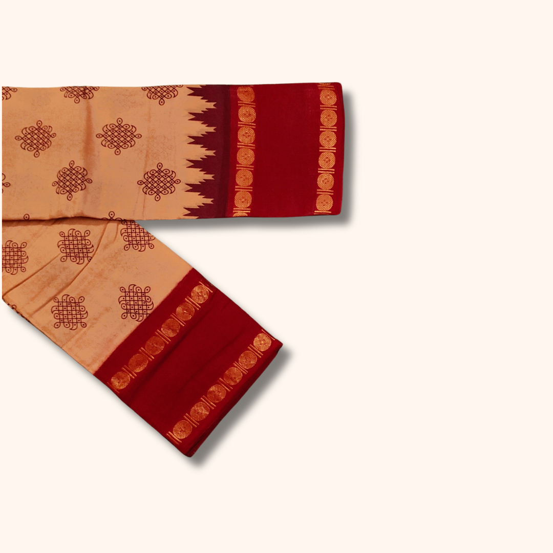 Peach Sungudi Cotton Saree with Red Traditional Border – Running Blouse