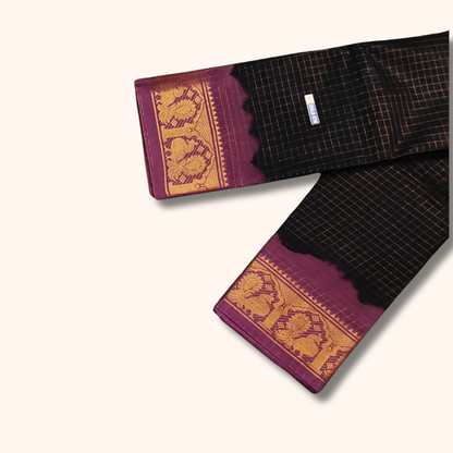 Black Thread Work Sungudi Cotton Saree with Purple Peacock Zari Border