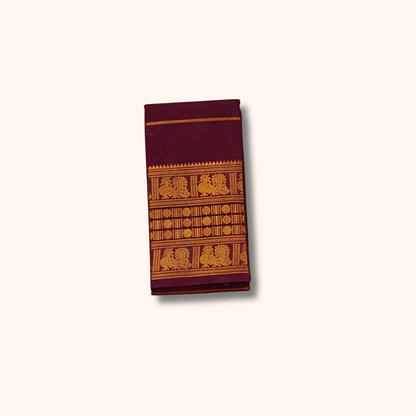 Wine Maroon Cotton Saree with Gold Peacock Border – Running Blouse
