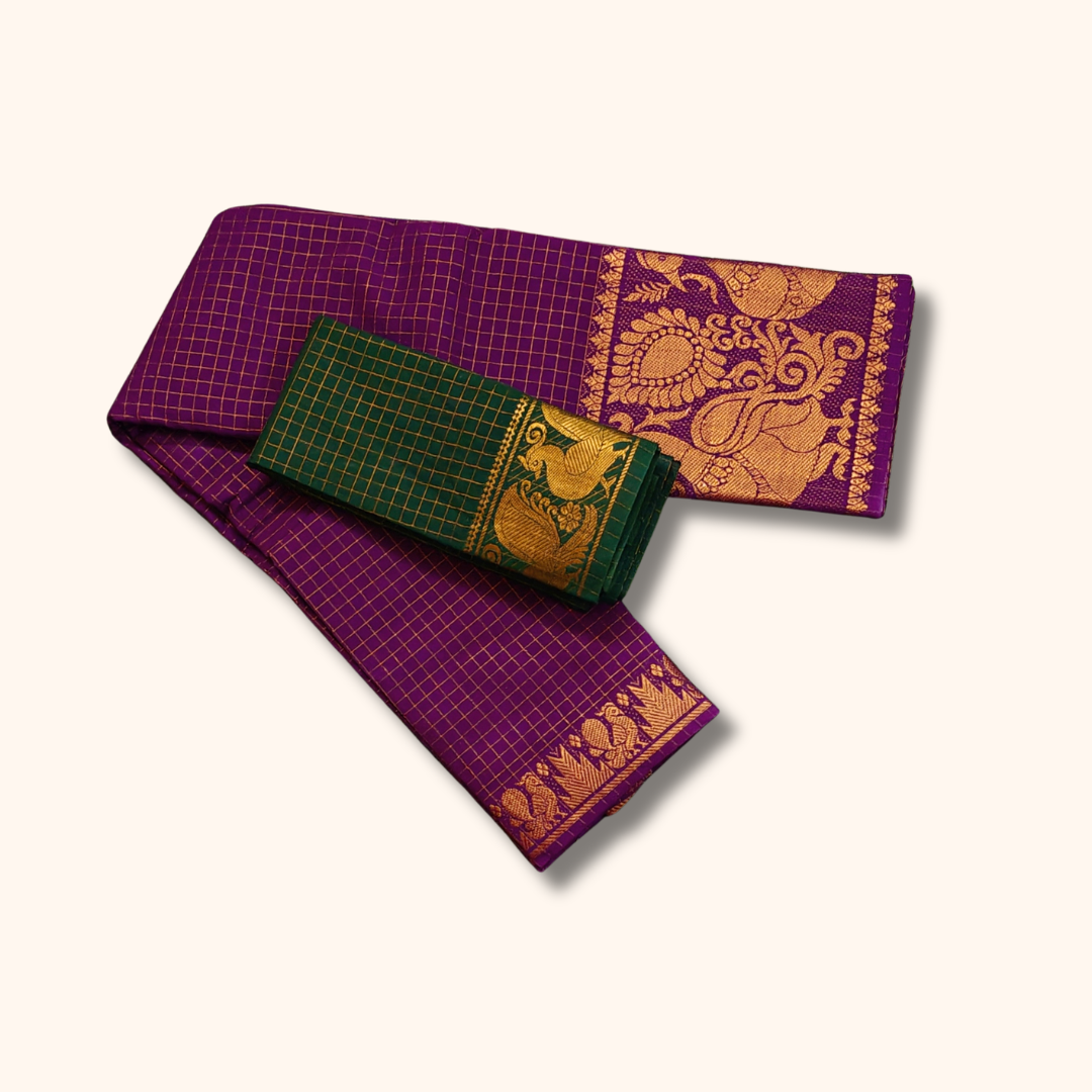 Purple Sungudi Cotton Saree with Gold Checks and Peacock Zari Border – Separate Blouse Piece Included