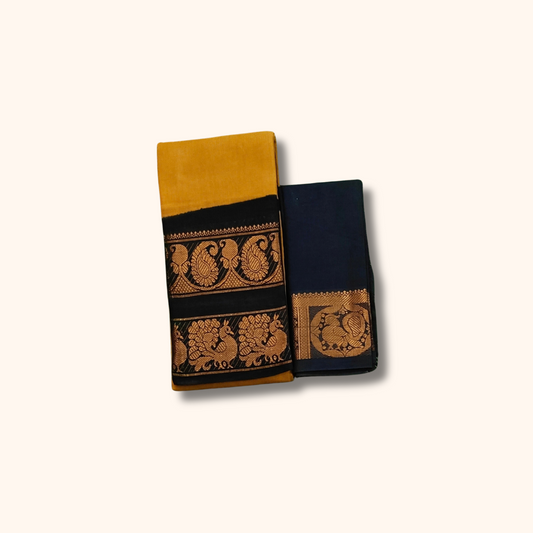 Mustard Yellow Cotton Saree with Black Gold Zari Peacock Border & Separate Blouse Piece