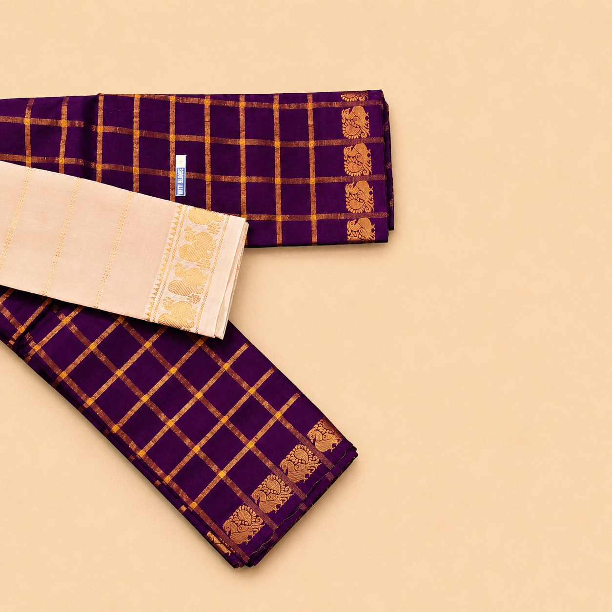 Royal Purple Pavithra Kattam Sungudi Saree with Contrast Cream Blouse